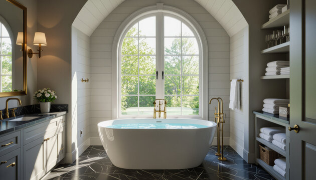 A luxurious bathroom features a freestanding tub, built-in shelving, and a large arched window overlooking a lush, green landscape.