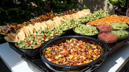 Delicious Mexican Tacos and Guacamole Spread on Table