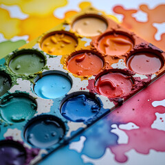 Closeup of a well-used watercolor palette, watercolor, used, palette, art supplies, closeup, colorful.