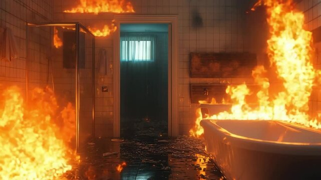 A fire breaks out in a bathroom, with flames spreading across the tiled floor and walls. The intense blaze near the toilet and bathtub an unusual but dangerous domestic emergency in residential space