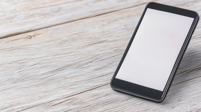 Mobile phone rests on wooden surface, showcasing blank screen that invites creativity and imagination