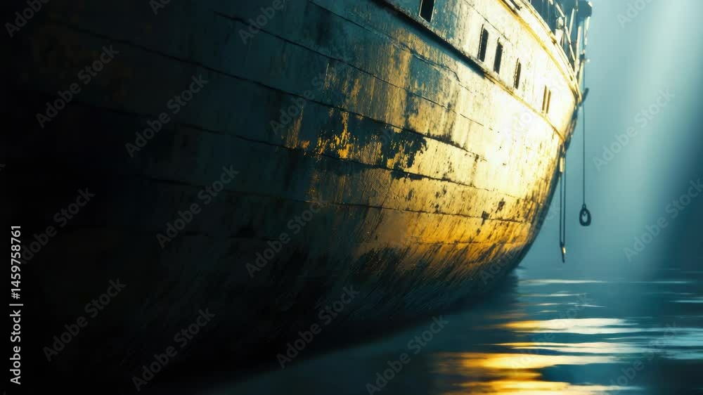 Poster a large boat floating on the surface of calm waters