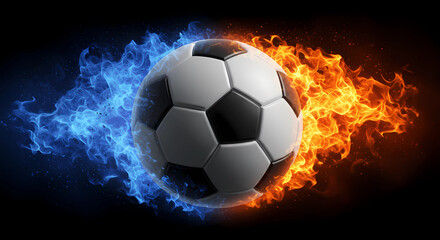 Naklejka premium Football. The background features two opposing forces of elemental energy colliding and intertwining against a pitch-black background. On the left, blue flames; on the right, orange flames.