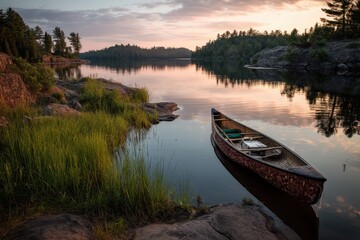 Obraz premium Serene Canoe at Dusk: Tranquil Shoreline of Northern Minnesotaâ€™s Boundary Waters