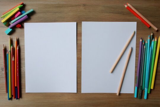 Vertical Mockup of Two Blank Coloring Sheets for Kids with Pencils and Colorful Letters, Perfect for Preschool Activities and Creative Drawing