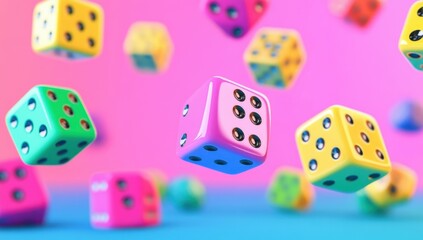 Colorful dice in mid-air