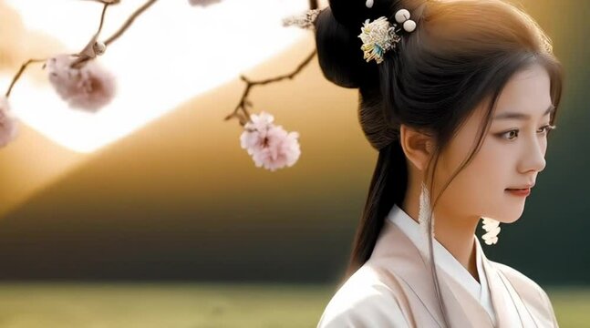 Joven elegante vestida de hanfu  sostiene un ventilador plegable