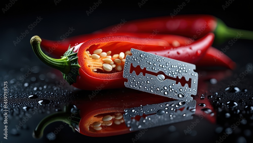 Poster a pair of scissors resting on a pepper, surrounded by droplets of water.