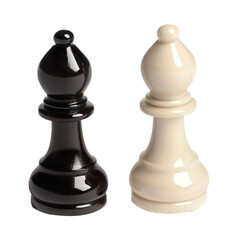 Photorealistic black and white chess bishop piece, symbolizing vision, wisdom, and long-range strategy, isolated on a transparent background