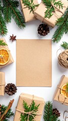 Obraz premium A cozy arrangement of beautifully wrapped Christmas presents nestled among fresh pine branches, accented with vibrant dried orange slices for a festive touch.