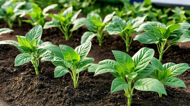 Plants thrive in a garden plot, showcasing vibrant greenery and healthy growth during daytime. Soil is rich and well-cared for