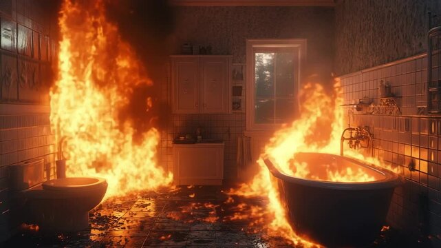 A bathroom is consumed by fire, with intense flames engulfing the bathtub, toilet, and cabinets. a rare and dangerous domestic emergency, structural vulnerability and fire risk in living spaces.