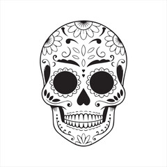 Sugar Skull Vector Illustration with Floral Design,Day of the Dead Skull Outline Art,Decorative Skull Drawing with Floral Patterns,Mexican Sugar Skull Line Art,Black and White Sugar Skull Vector