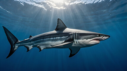Fototapeta premium mako shark A sleek and agile mako shark cuts through the deep blue ocean at incredible speed
