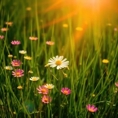 Obraz premium Sunlit daisies in a vibrant green field.
