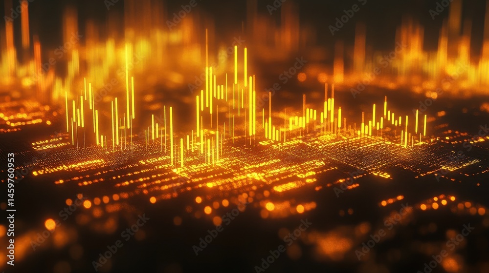 Poster glowing stock chart with candlestick and big data index grid. trading and finance concept. 3d render