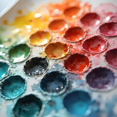 Closeup of a well-used watercolor palette, watercolor, used, palette, art supplies, closeup, colorful.