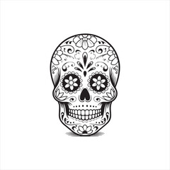 Sugar Skull Vector Illustration with Floral Design,Day of the Dead Skull Outline Art,Decorative Skull Drawing with Floral Patterns,Mexican Sugar Skull Line Art,Black and White Sugar Skull Vector