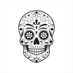 Obraz premium Sugar Skull Vector Illustration with Floral Design,Day of the Dead Skull Outline Art,Decorative Skull Drawing with Floral Patterns,Mexican Sugar Skull Line Art,Black and White Sugar Skull Vector