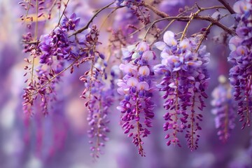 Enchanting Aroma of Blossoming Chinese Wisteria: Beautiful Purple Flowers in a Lush Botanical Background
