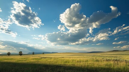 Serene prairie landscape under a vibrant blue sky with fluffy clouds.