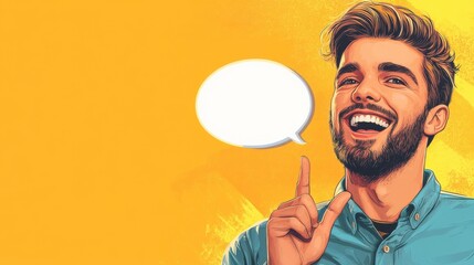 bright picture of smiling man with blank text bubble. illustration , no logos, no brands