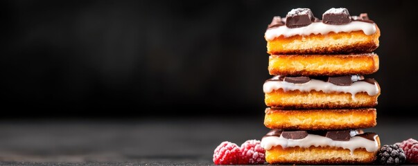 Stacked frosted cakes with chocolate pieces on top, garnished with berries on a dark background.