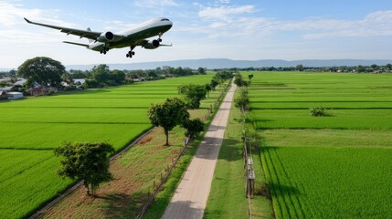 Fototapeta premium Flat lay of a toy airplane surrounded by green leaves emphasizes eco-friendly travel in a minimalist setting