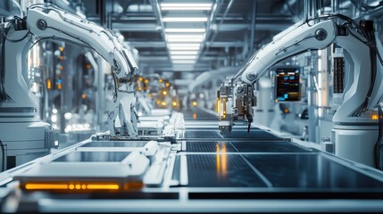 Fototapeta premium Photorealistic 3D visualization of a futuristic smart factory with robotic arms assembling solar-powered batteries in the context of high-tech, featuring smart factory