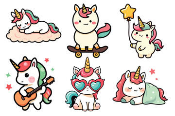 Cute kawaii unicorns in playful mood, vector illustration, perfect for kids' decor