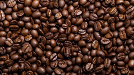 Obraz premium Close-up of a pile of coffee beans. the beans are dark brown in color and appear to be freshly roasted. they are arranged in a uniform pattern, with some overlapping each other.