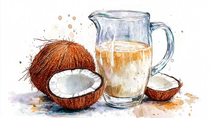 Vibrant Watercolor Glass Pitcher filled with coconut milk