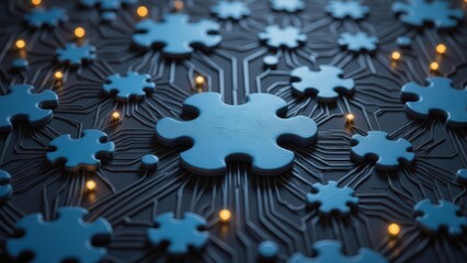 Digital Puzzle Connection: Blue Puzzle Pieces on Circuit Board with Glowing Nodes - Technology & Innovation Concept