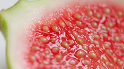 Close-up of a slice of a red fruit. the fruit appears to be a fig or a fig, with a green stem visible on the left side of the image. the flesh of the fruit is cut in half, revealing the seeds inside.