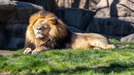 Obraz premium Majestic male lion resting peacefully in the sun.