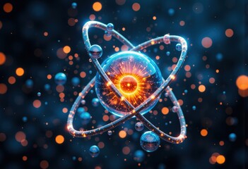 Vibrant atom illustration with glowing particles and energy bursts
