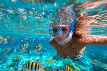Naklejka premium Snorkeling woman in striped bikini swims with tropical fish in clear blue ocean water