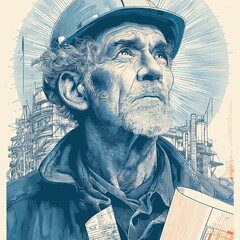 Obraz premium a retro poster of senior engineer in blue color tone