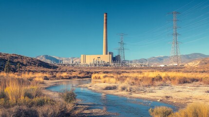 Fototapeta premium Power plant looming over a dry contaminated riverbed dying vegetation no human no labelling no logo
