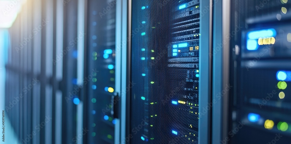 Poster Clean and futuristic data center with glowing server racks in blue lighting, showcasing modern network equipment for cloud computing and data processing