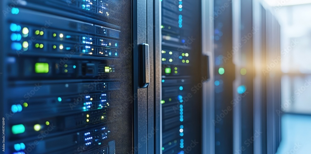 Poster Technology infrastructure concept with glowing server lights and soft lighting in a modern data center, ideal for hosting, backup and enterprise solutions