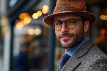 Man with glasses and hat stands outside shop