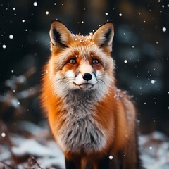 Captivating red fox portrait amidst a gentle snowfall in a winter forest