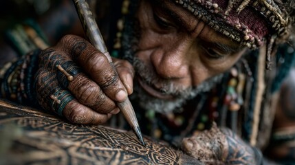 A man is drawing on a piece of wood with a pencil