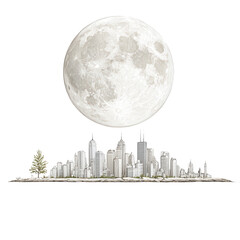 A drawn skyline reflects urban life under the glow of a serene full moon.