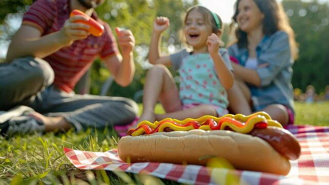 Hot Dogs picnic with family in the park. Selective focus. Food.