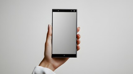 Minimalist Close-Up of Hand Holding Smartphone with Blank Screen on White Background