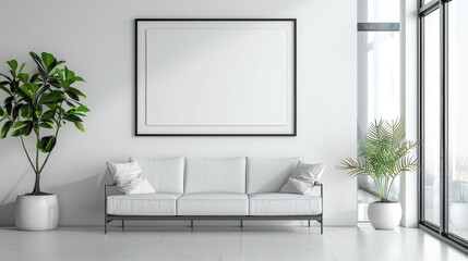 A large white wall with a black border and a white sign. The room is empty with no furniture
