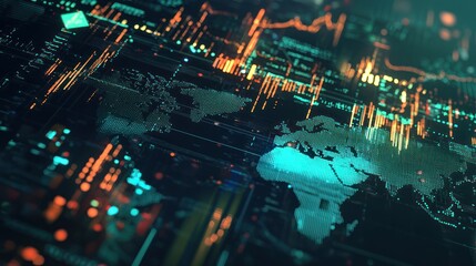 Naklejka premium cybernetic financial analyst monitoring global markets, intelligent financial forecasting, glowing economic insights dashboard