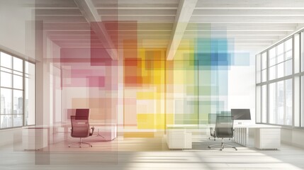 Modern Office Space with Vibrant Rainbow Hues and Transparent Geometric Overlays